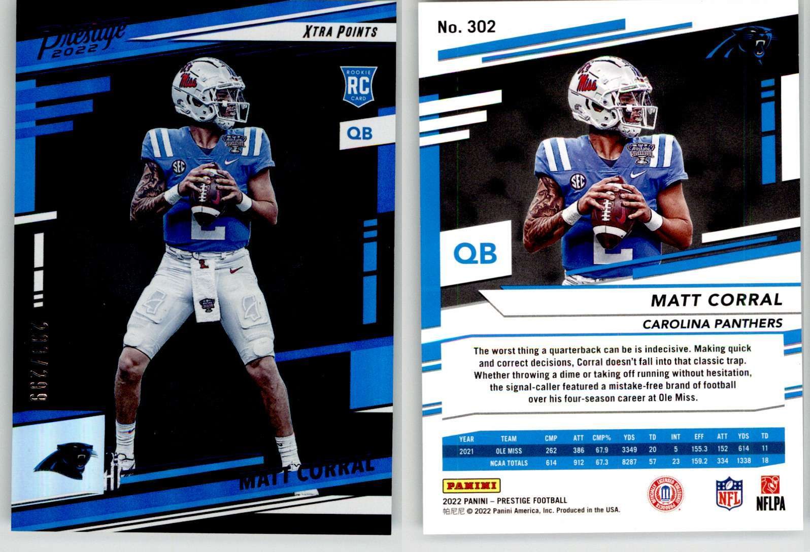 Matt Corral 2022 Prestige Xtra Points Blue #302 299/299 Ole Miss Panthers RC