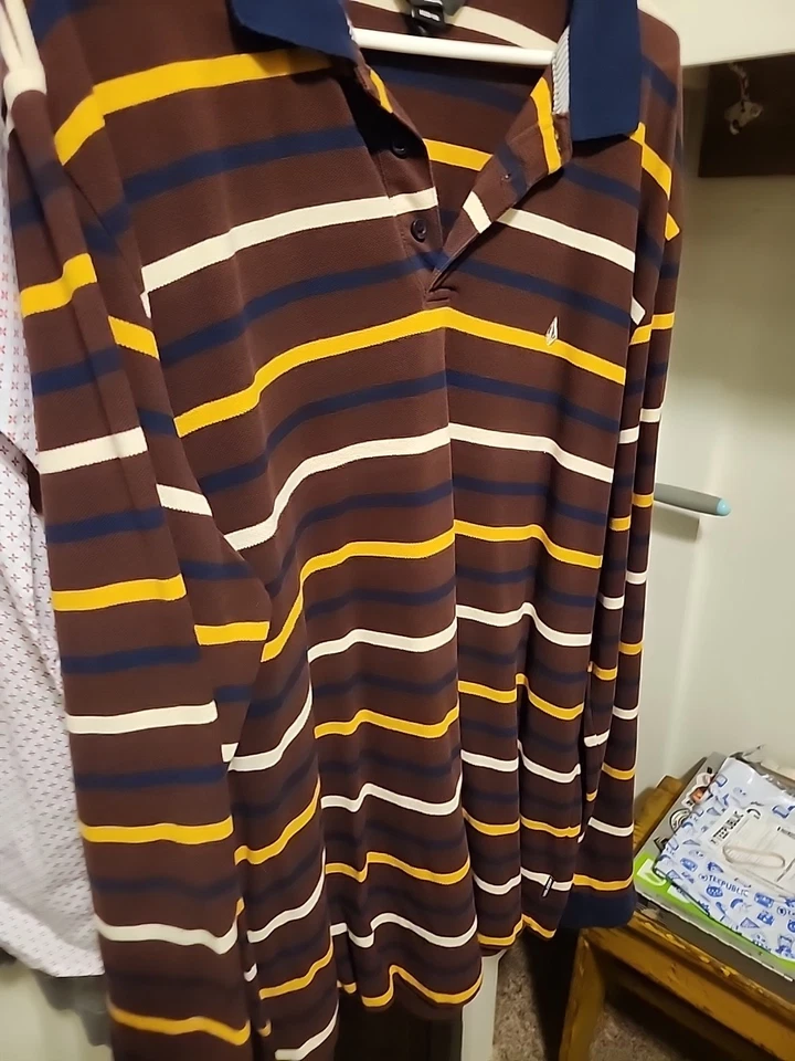 Volcom Gon James Stripe Polo Rugby Long Sleeve Shirt in Bordeaux Brown Mens XXL - Image 3 of 4