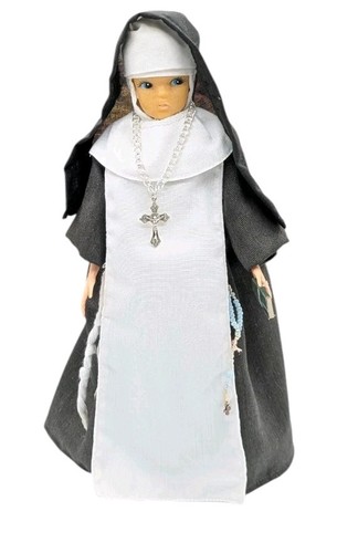 Vintage 12" Nun Doll w/ Full Habit, Book, Rosary, Cross Necklace 