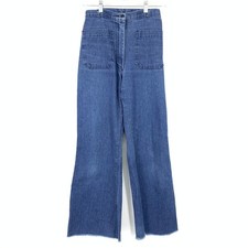 VTG 70s High Rise Flare Leg Jeans Womens Apx Sz 25" Blue Patch Pockets Raw Hems