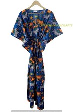Abito donna maxi cotone caftano stampa giungla animale etnico indiano blu pig...