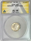 1916 Silver Mercury Dime, ANACS AU-58 Details, Full Bands Not Noted on Slab
