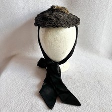 Antique Victorian Black Woven Ribbon Bonnet with Wheat Accent
