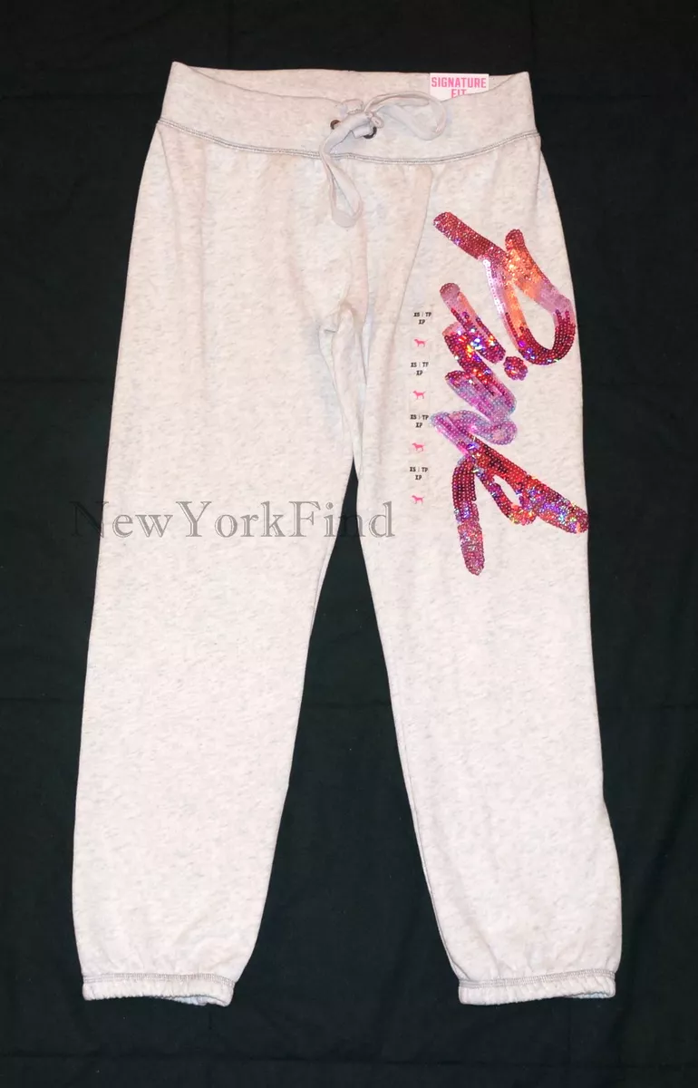 NEW VICTORIAS SECRET LOVE PINK BLING SEQUIN SWEATPANTS Signature Fit Gray  XS M L