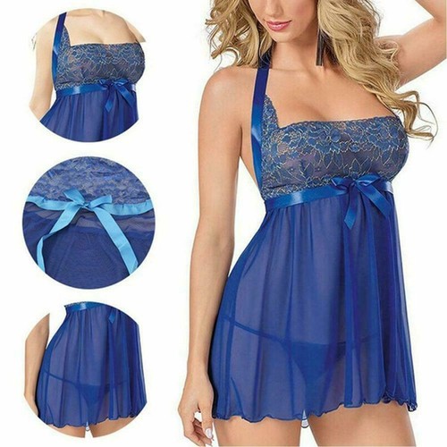 MCT Fine Luxus Neckholder Minikleid + G-String Negligee Nightwear BLAU in S-XL - Picture 3 of 14