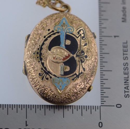 Large Victorian Gold Filled Locket w/Blue & Black Enamel, w/2 Vintage Photos - Picture 5 of 8