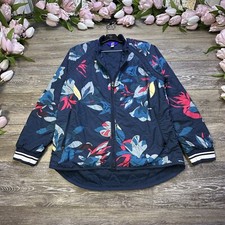Joylab Bomber Jacket Size Medium Navy Blue Hibiscus Tropical Floral Full Zip