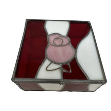 Vintage Handmade Red White Leaded Stained Glass Jewelry Trinket Box Rose Flower