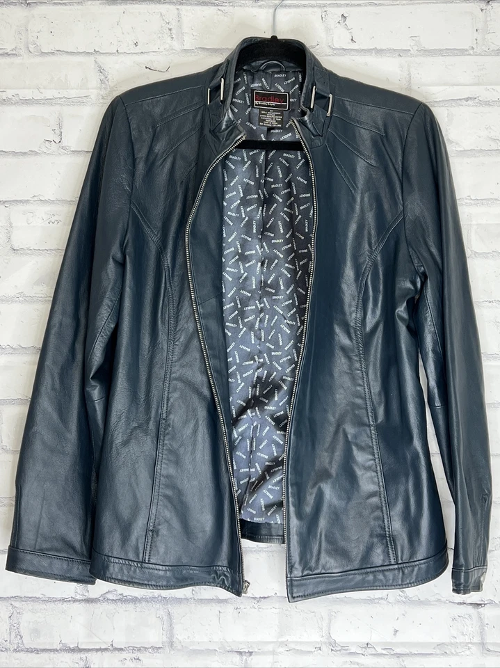 BRADLEY Bradley Bayou Womens Blue Leather Moto Jacket Size M Mock Collar Retro - Image 3 of 4