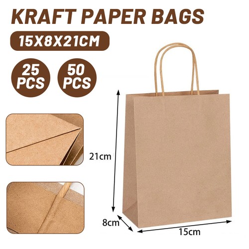 50PC BULK Kraft Paper Bags Brown Gift Shopping Carry Craft Retail Bag Reusable - Picture 13 of 16