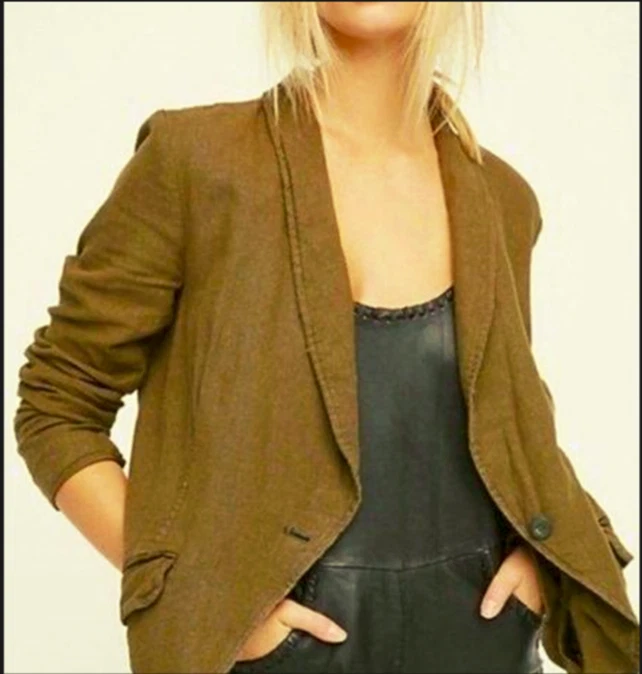 Chaqueta Blazer FREE PEOPLE Verde Oliva Lino Un Botón Alto/Bajo GRANDE = 12/14 Foto 4 de 4