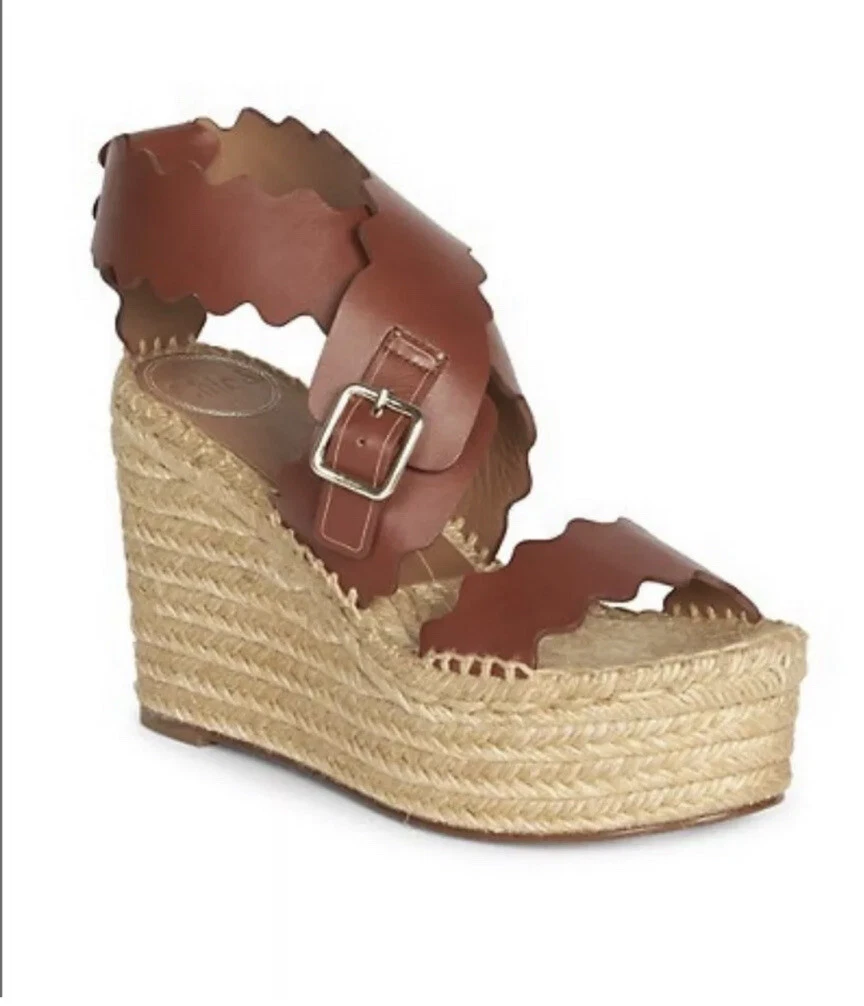 Chloe — Chloe Lauren Scalloped Leather Wedge Platform Sandal Women's Brown 39 8-8.5 US