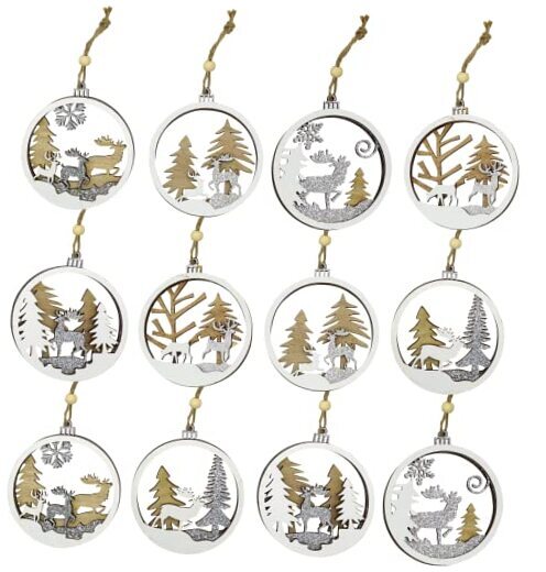 12 Pack Wooden Christmas Ornaments, 3D Reindeer Rustic Farmhouse Christmas