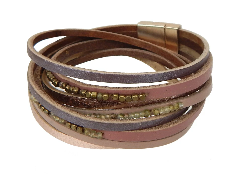 Ella Jonte Leder Armband Wickelarmband rosa o braun gold Magnet Verschluss 20 cm - Bild 3 von 4