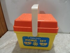 VINTAGE FISHER PRICE PICNIC BASKET SET WITH MANY EXTRAS