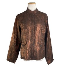 Chicos Jacket Size 1 Medium/8 Metallic Bronze Floral Linen Silk Lightweight