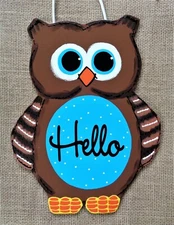 HELLO Welcome OWL SIGN Wall Door Plaque Hanger Door Hand Painted Handcrafted