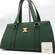 CELINE Triomphe Top Handle Handbag Green Leather Gold Hardware Japan F/S USED