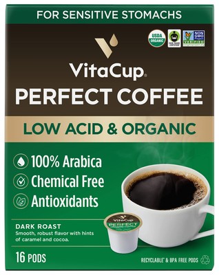 VitaCup Perfect Low Acid Coffee Pods, USDA Organic & Fair Trade Mycotoxin 16 CT