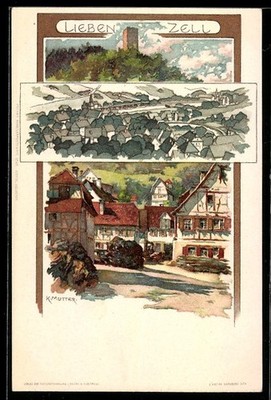 Artist-AK Karl Mutter: Bad Liebenzell, bird's-eye view of the town, local...