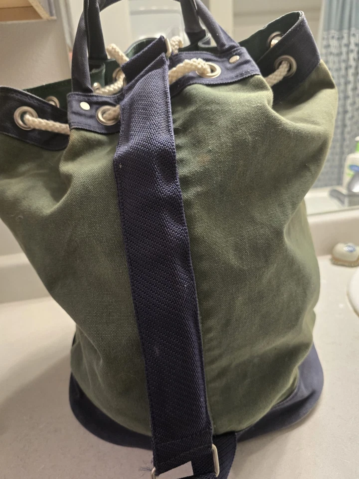 复古 NAUTICA 绿色蓝色重型帆布拉绳水手海员吊袋 — 第 4/4 张图片
