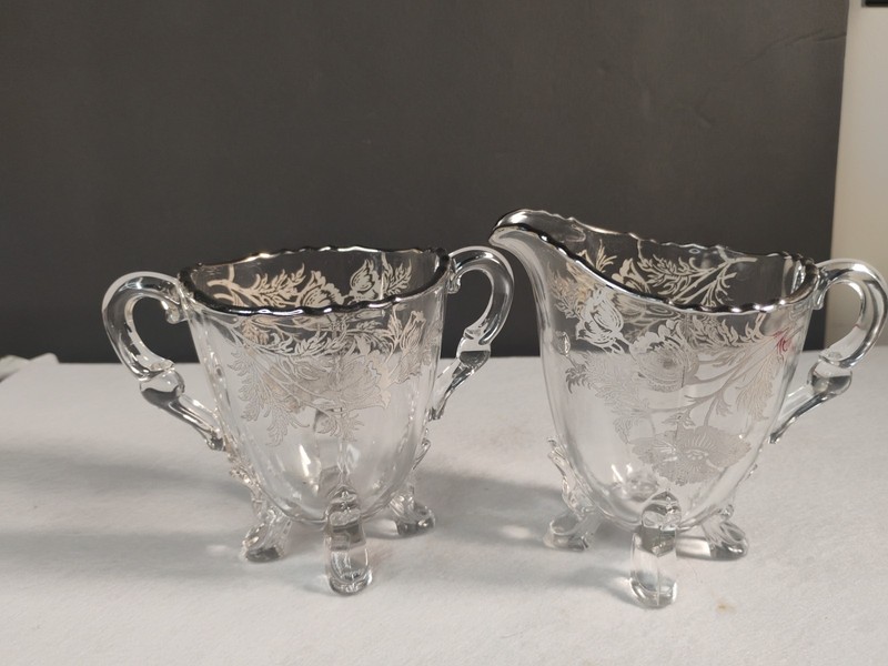 Silver City Glass Sugar & Creamer Set Flanders Poppy Clear Silver Overlay Footed