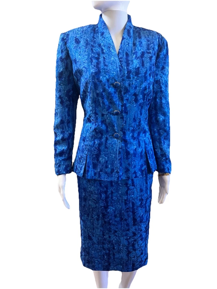 Anne Crimmins Umi Collection Size 10 Silk Skirt Suit Blue Watercolor Print VTG - Image 2 of 4
