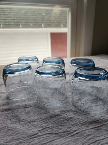 Set of 6 Misty Blue Vintage Anchor Hocking Optic Swirl Lowball Glasses