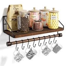 Floating Shelf Wall-Mounted Coffee Bar with Hooks and Towel Kitchen Shelves
