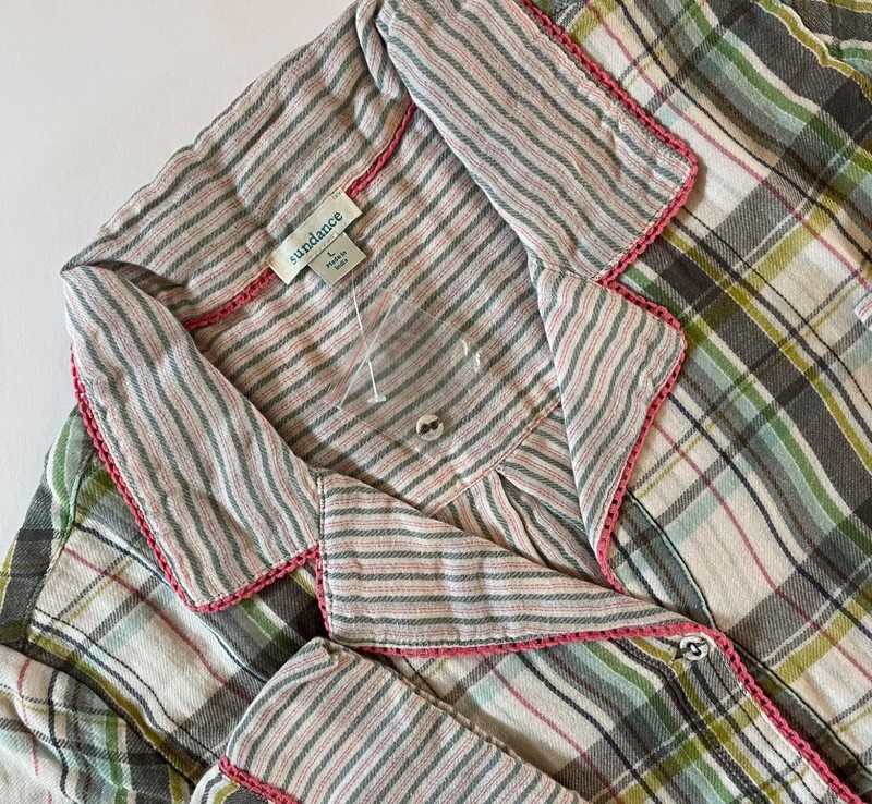 NWT SUNDANCE Flannel Pajama TOP Covered Buttons Eyelet Cotton L Pink/Green Plaid