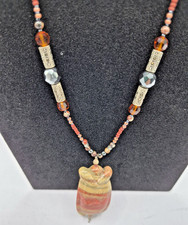 VINTAGE EGYPTIAN REVIVAL  22in BEADED NECKLACE w/carved Redish Polished stone