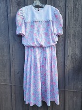 Vtg 80s Womens L/XL Pink Blue White Floral Collard Midi Dress Cotton Modest 