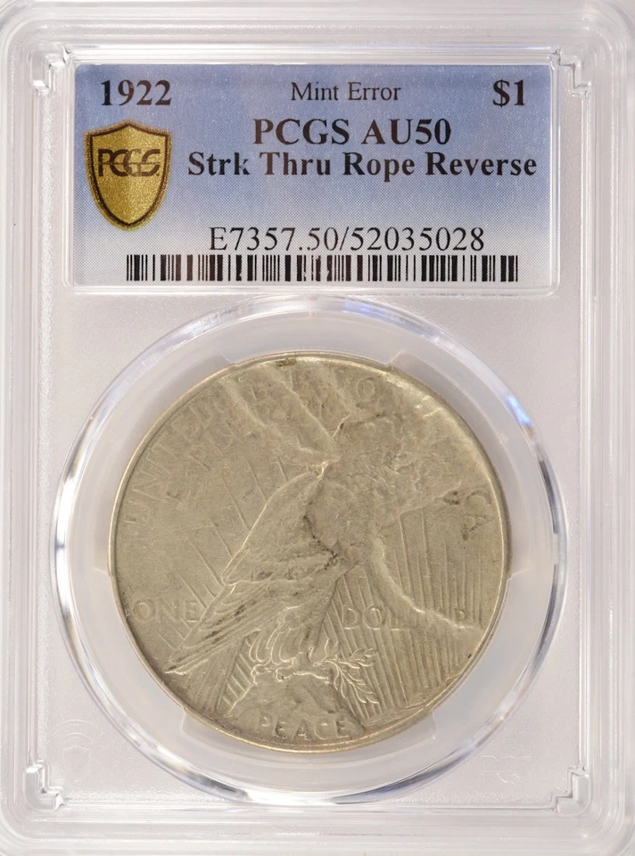 1922 $1 Peace Dollar Struck Thru Rope Reverse PCGS AU50 - Image 4 of 4