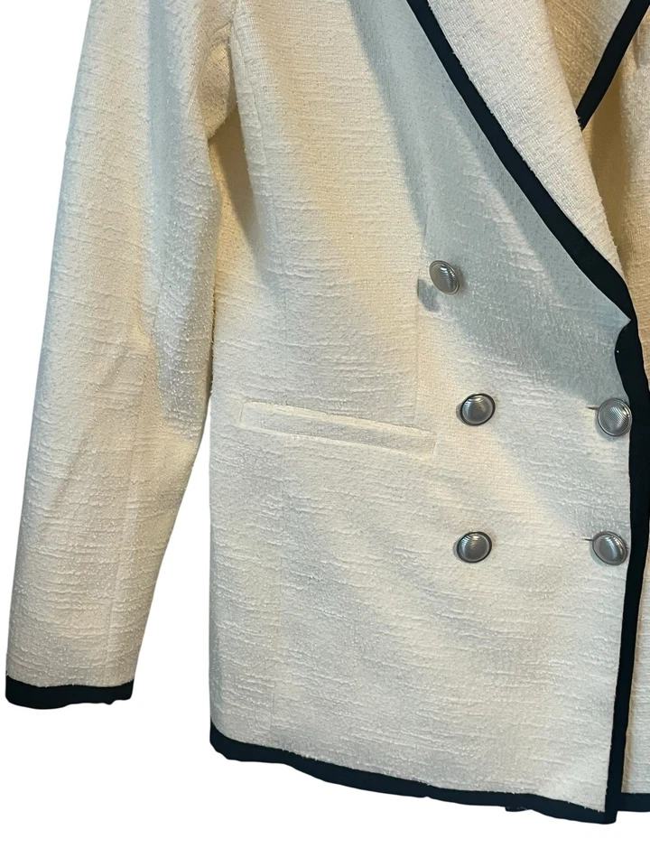 Jaqueta Blazer Tribal Feminina Tamanho XS Creme Preto Entalhe Lapela Peito Único Nova Com Etiqueta - Imagem 4 de 4