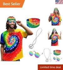 Complete Adult Hippie Costume Set - Vibrant T-Shirt, Headband  Necklace