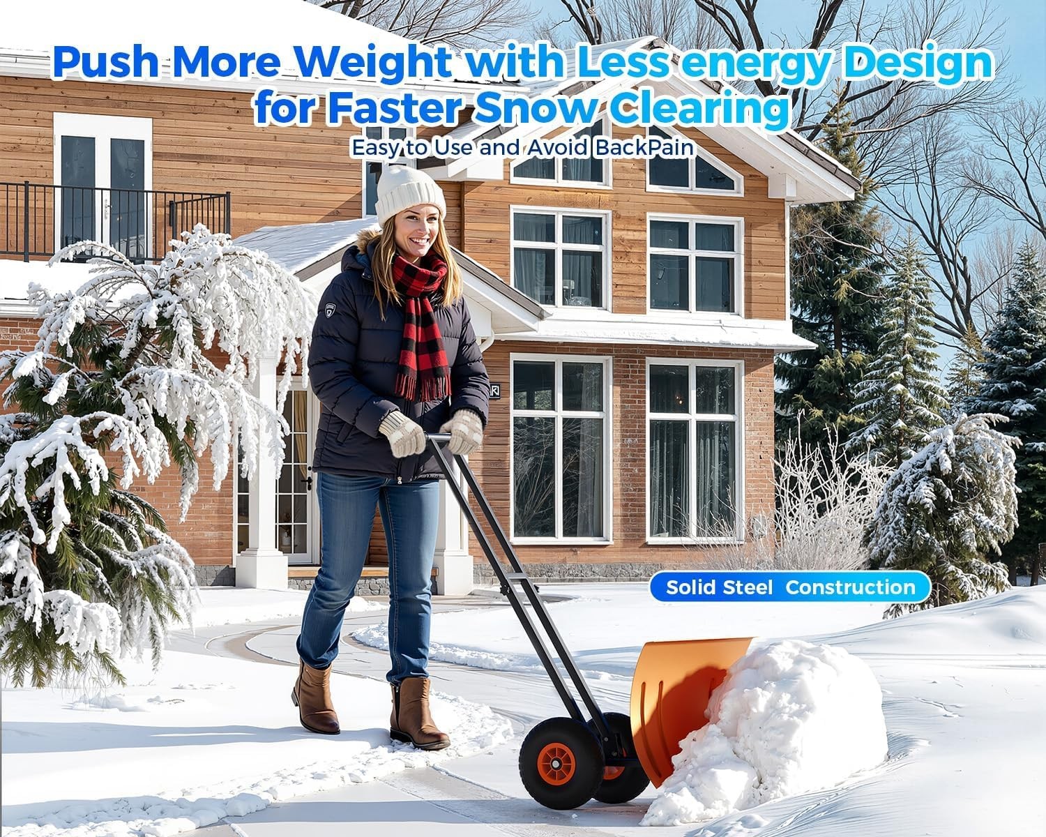 Heavy-Duty Snow Removal Shovel Steel Blade w/ Adjustable Push Angle Dual-Handle
