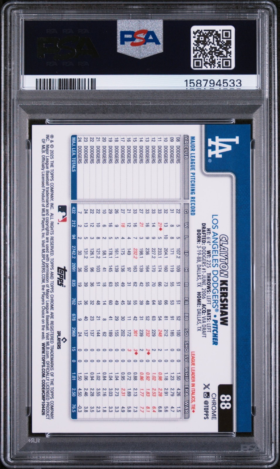 2025 Topps Chrome Gold Raywave Clayton Kershaw #88 27/50  Gem Mint PSA 10 view 2