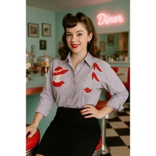 Vintage Las Olas Red Hat Society Style Applique Striped Button Down Shirt L