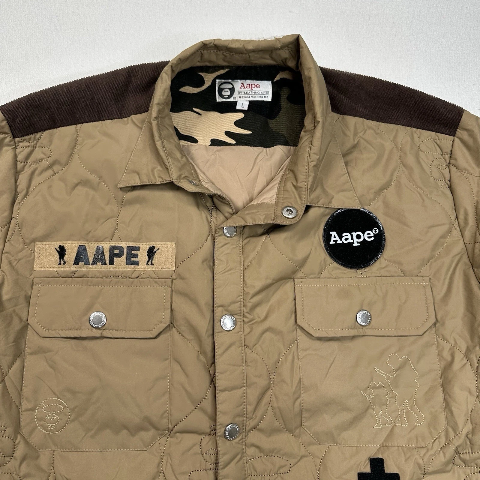 AAPE BY A BATHING APE Quilted Jacket Size Large Patches Military Beige Workwear image 5