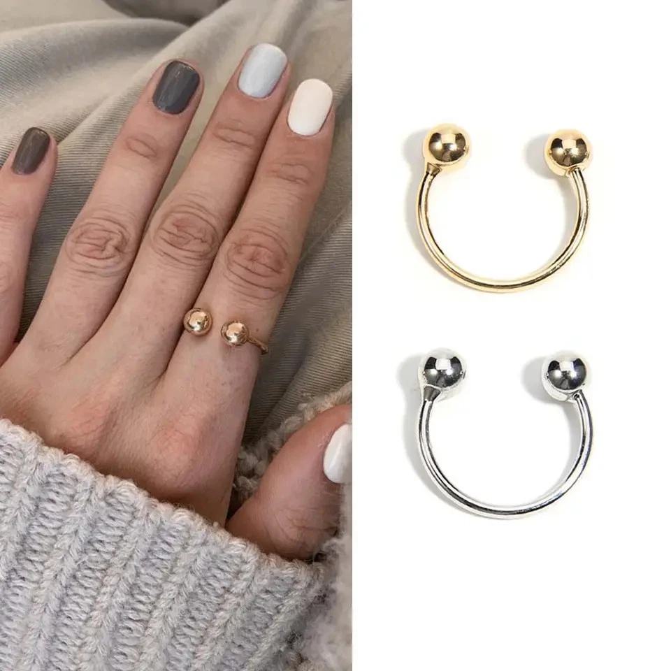 Anillo de nudillos de cobre tono plata doble bola banda ajustable hombres joyería Foto 2 de 4