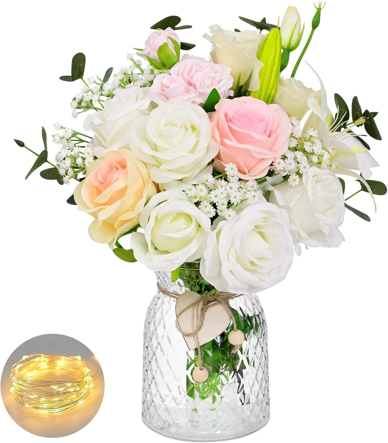 22Pcs Fake Flowers with Vase Silk White Artificial Flowers in Vase with Light