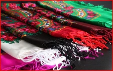 Foulards Slavic shawl scarf flower pattern fringes folk cotton vintage POLAND