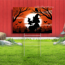 Halloween night background with witch silhouette yard sign