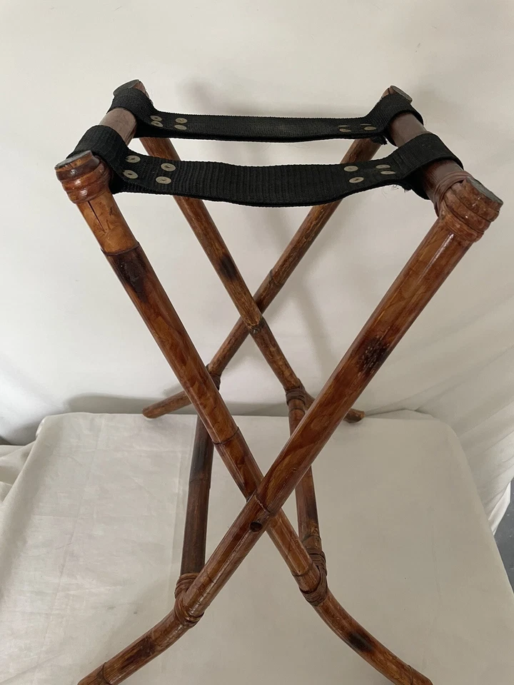 Vintage Boho Bamboo Wicker Rattan Serving Tray Mid Century With Folding Stand - Image 4 of 4