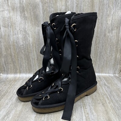 FR X FP Free People Lace Up Gladiator Boots Vegan Suede Ballet Peep Toe Ribbon