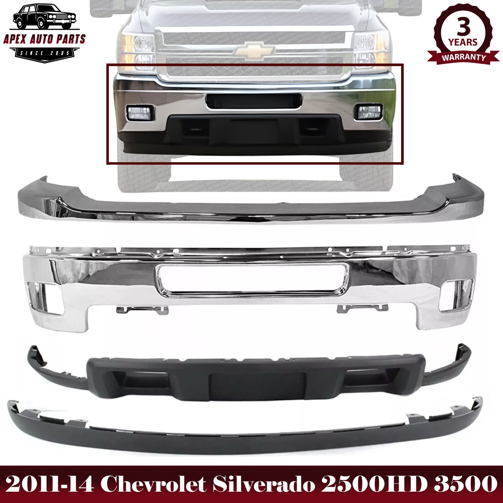 Front Bumper + Upper Chrome +Valance & Extension For 11-14 Silverado 2500HD 3500