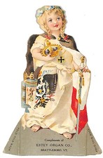 Estey Organ Brattleboro, VT Girl w/ Crown Sword Stein Lg. Victorian Trade Card
