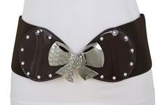 Women Dark Brown / Gold Wide Fashion Belt Silver Metal Bow Tie Ribbon Buckle S M