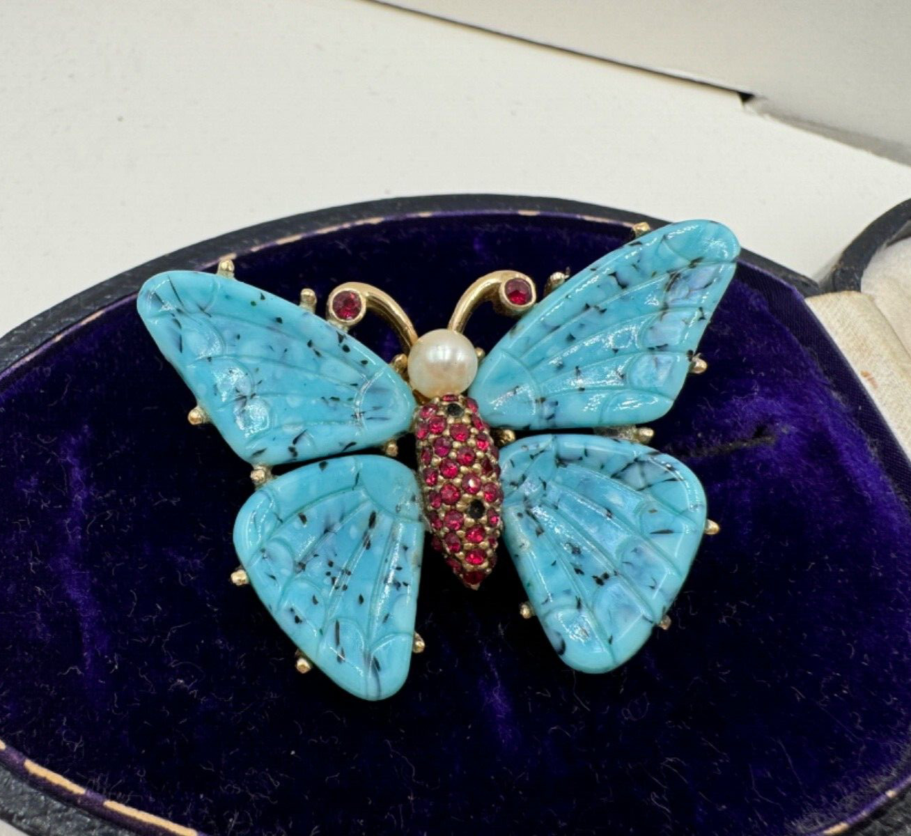 CINER SIGNED BLUE ETCHED GLASS RUBY RED RHINESTON… - image 3