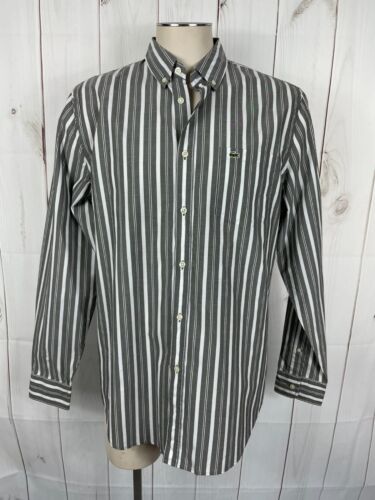 NWT Lacoste Gray White Striped Classic Collared Long Sleeve Button Up Shirt - 40 - Picture 1 of 5
